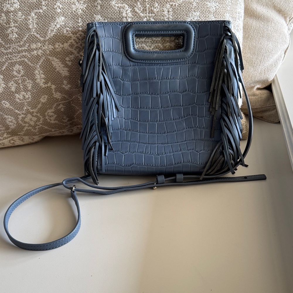 Maje - Fringe Croc-Embossed Blue Bag with Built in Handle and removable strap